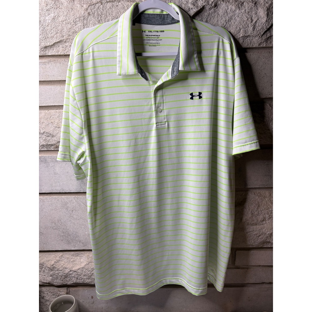 Under Armour Mens XXL Playoff Polo Shirt White Lime Green Striped Loose Fit 0480